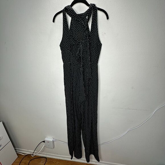 Audrey Halterneck Black White Polka Dot Open Tie Back Pleat Wide Leg Jumpsuit S - Picture 9 of 16
